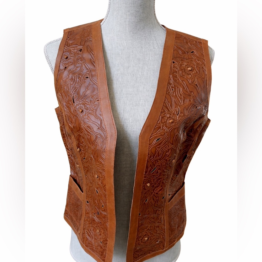 Coldwater Creek Genuine Tooled Leather Vest Brown Western Boho Floral NWT Small